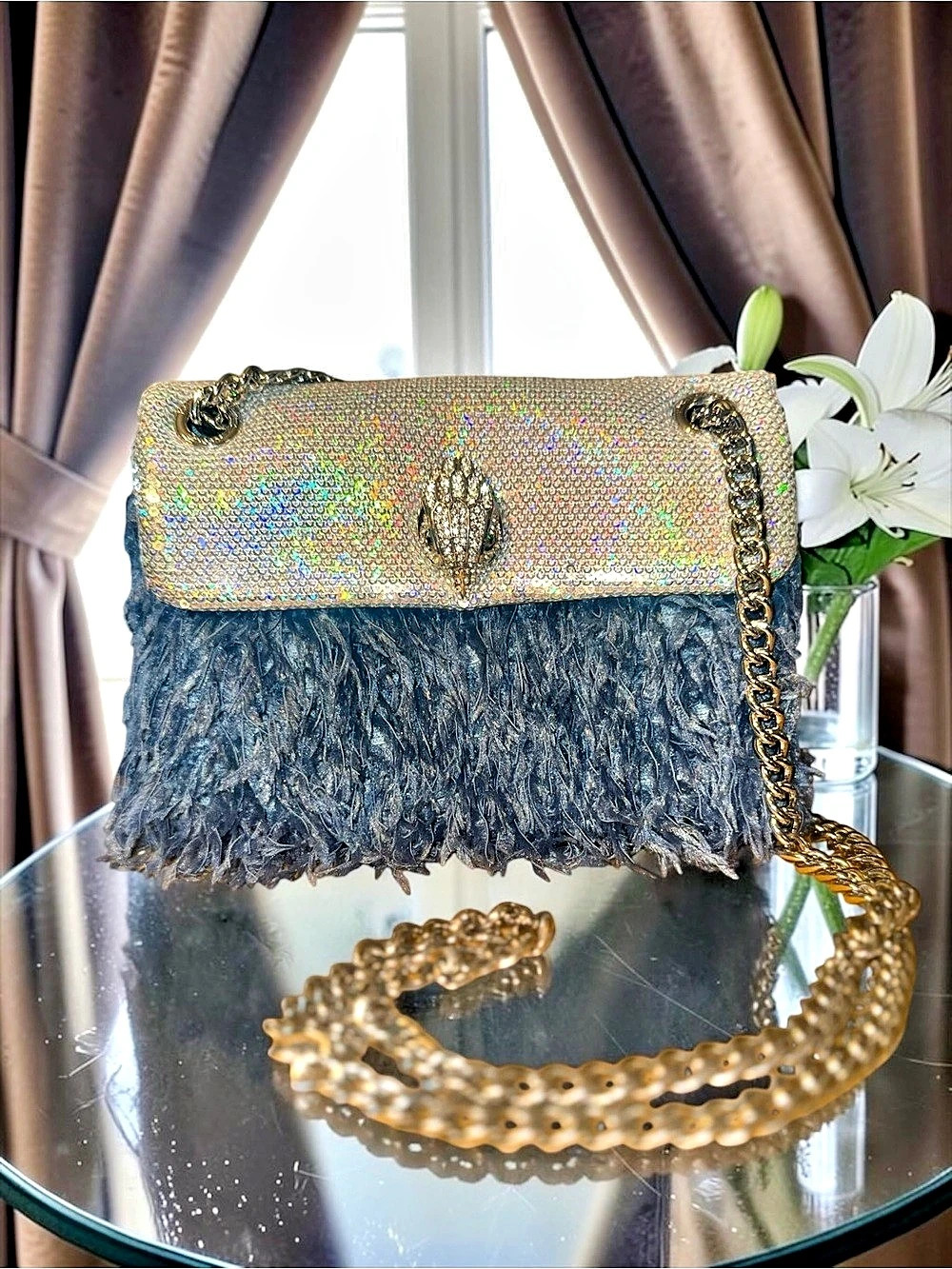 Kurt Geiger London Medium Sequin Kensington Faux Feather Crossbody Bag